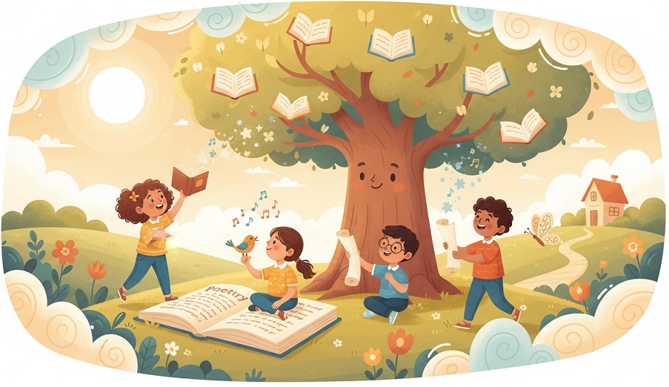 Діти читають і декламують вірші на природі під деревом із книжками Діти читають і декламують вірші на природі під деревом із книжками