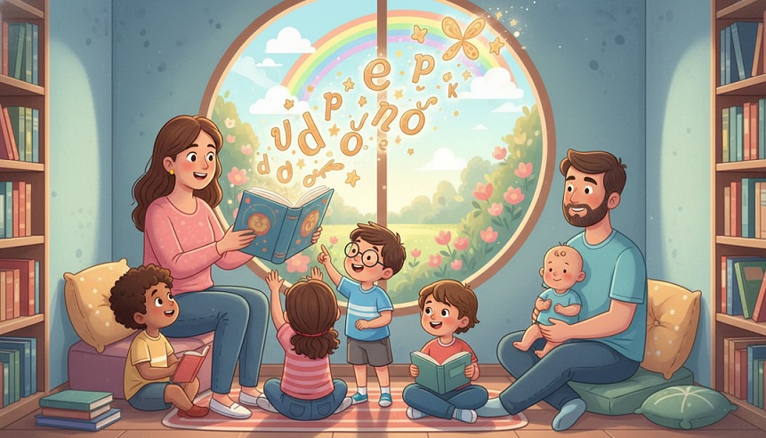 Діти разом із дорослими читають і слухають вірші в затишній кімнаті Діти разом із дорослими читають і слухають вірші в затишній кімнаті